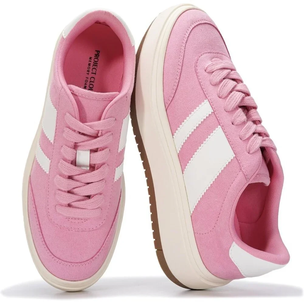 Women Pink White Stripes Lightweight Memory Foam Non-slip Insole Fashion Sneaker